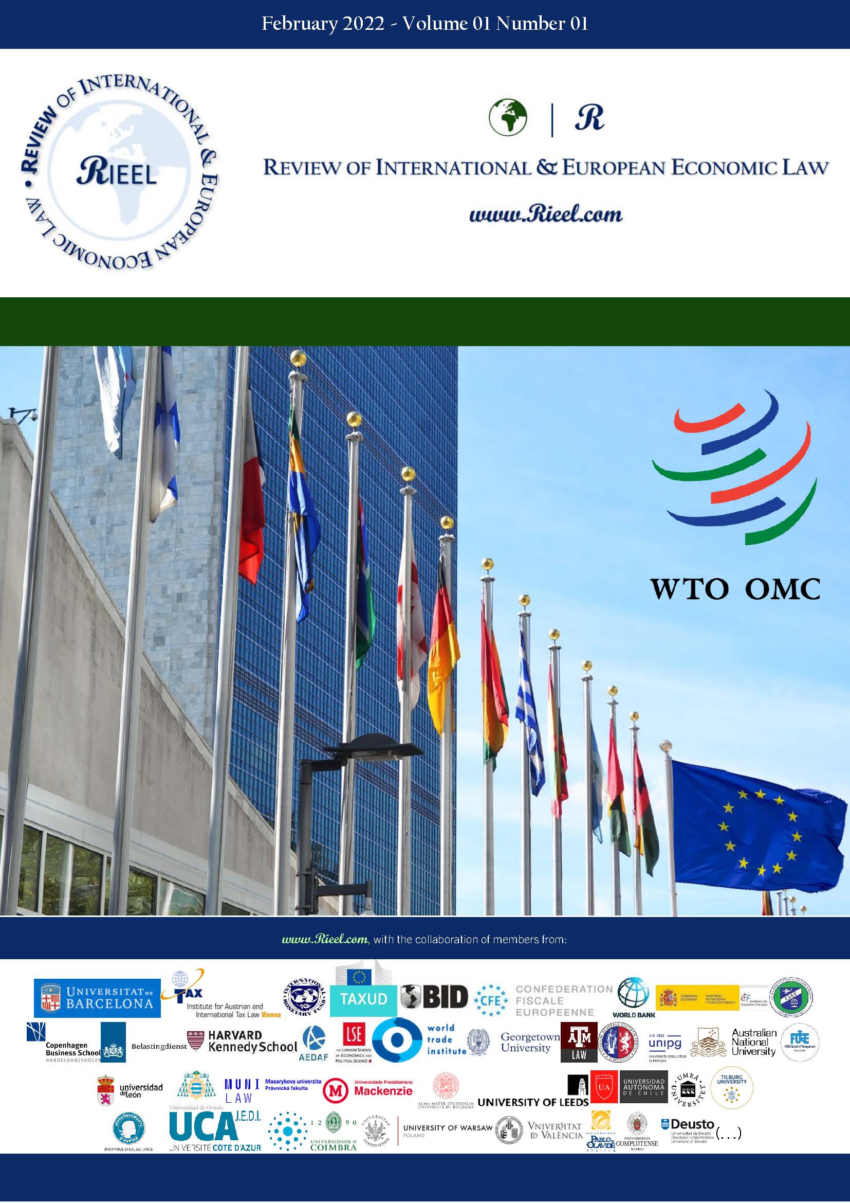 Cover RIEEL nº1 (vol 1) - Headquarters of the United Nations at New York, with country and European Union's flags and the logo of the WTO and several relevant organizations whose members collaborate with our journal.